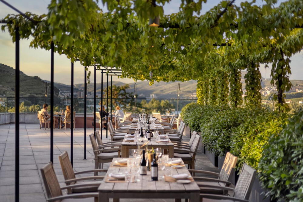 Restaurant terrace overlooking the vineyards in the Douro Valley