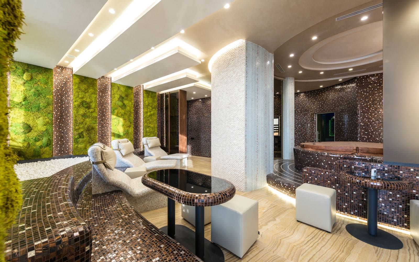 Contemporary spa lounge with greenery and treatment baths